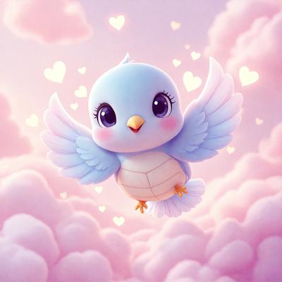 The primary subject of the image is a small, cute, and colorful bird, possibly a blue bird or a blue and white bird, flying in the air. The bird is surrounded by a pink and white cloudy sky, which adds a sense of whimsy and playfulness to the scene. The visual style of the image is a combination of digital art and illustration, creating a vibrant and lively atmosphere. The colors and mood of the image are predominantly pink and white, giving it a